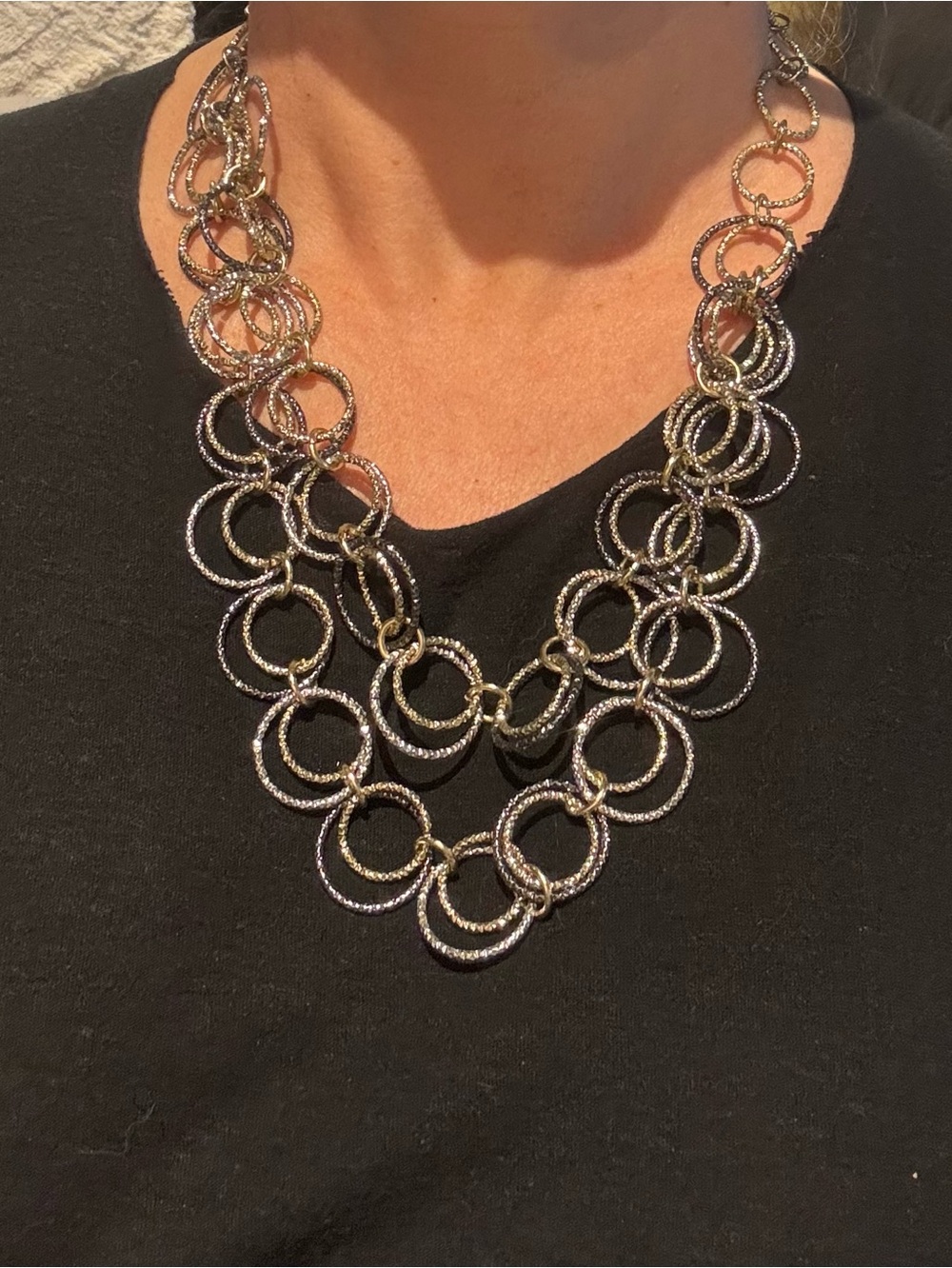 R.J. Graziano Mixed Metal Circle Link Statement Necklace Gold Silver Signed